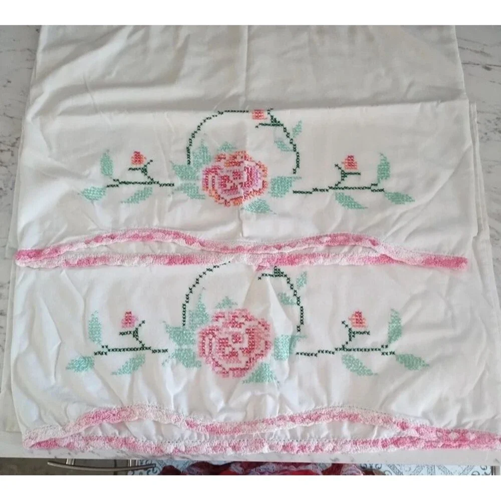 Vintage Hand Embroidered Pillowcases Pair Cross Stitch Pink Floral Queen